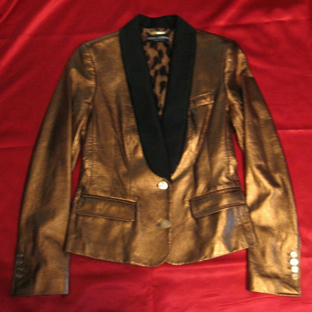 DOLCE & GABBANA GOLD BRONZE BLACK SHEEP LEATHER JACKET COAT LEOPARD 38 40 NWT